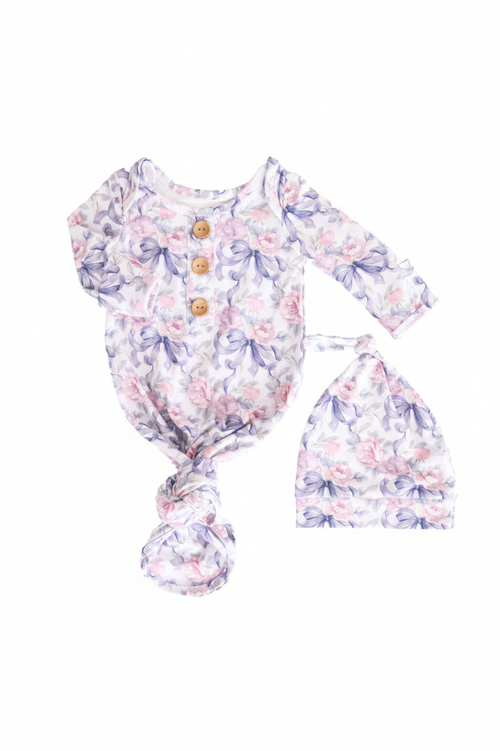 pink and purple floral and bow newborn knot gown and hat set for babies 