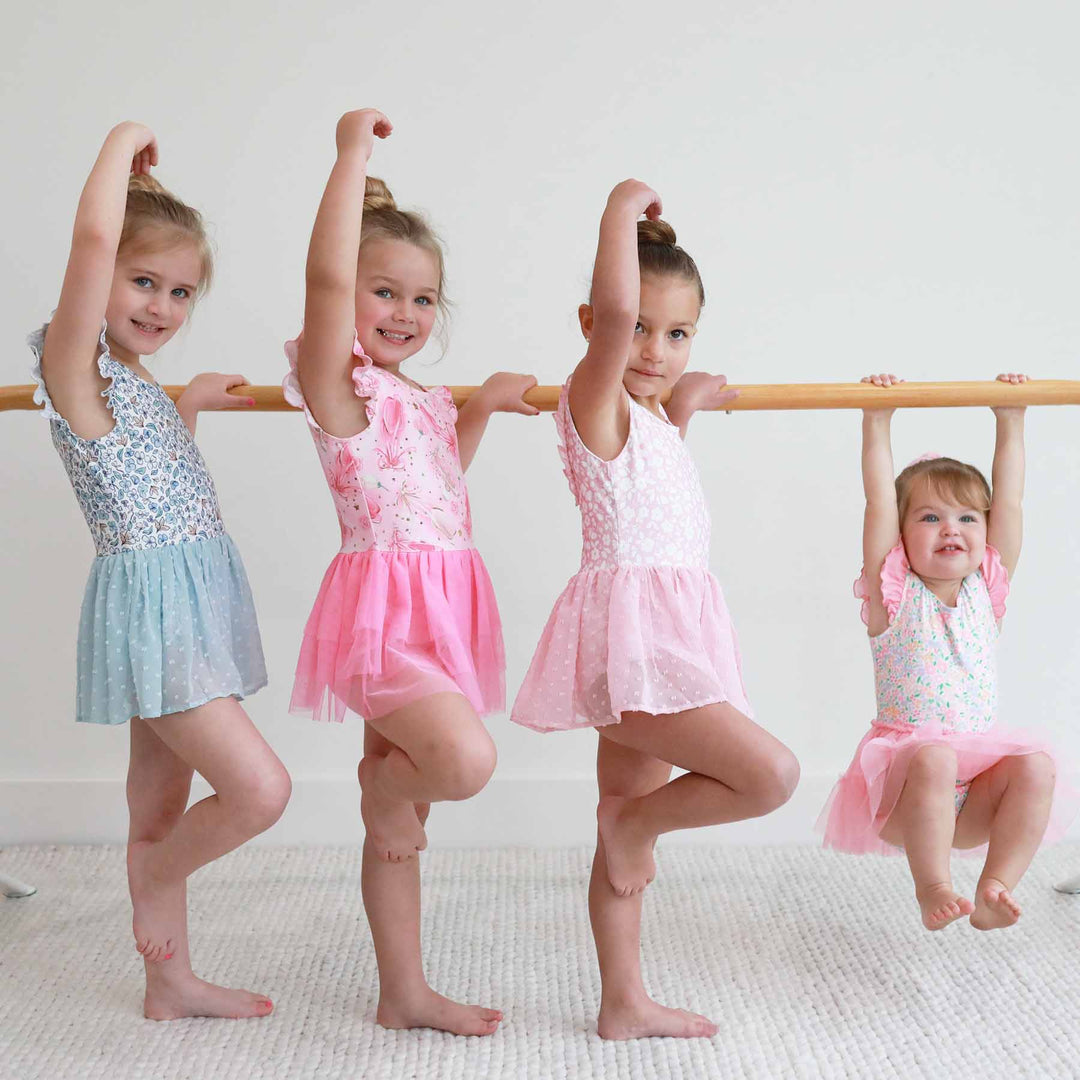 swiss dot leotard for kids white with blue flowers 