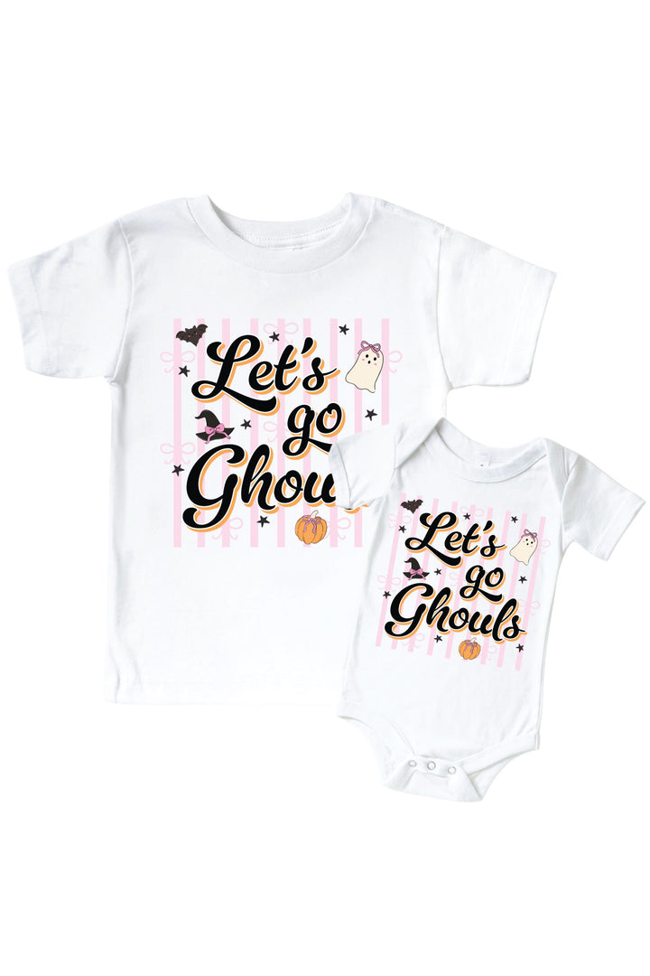 Matching white kids' t-shirt and baby bodysuit, both printed with 'Let's Go Ghouls' text and Halloween graphics of a pumpkin, bat, and ghost.