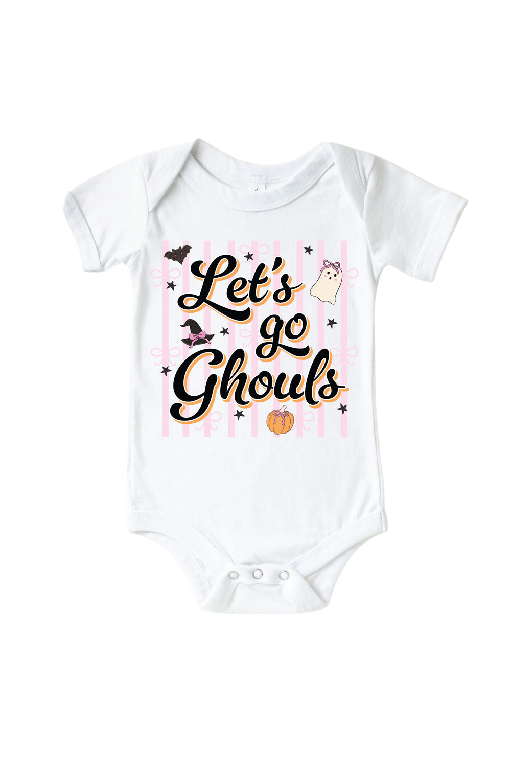 White baby bodysuit printed with 'Let's Go Ghouls' text and Halloween graphics of a pumpkin, bat, and ghost.