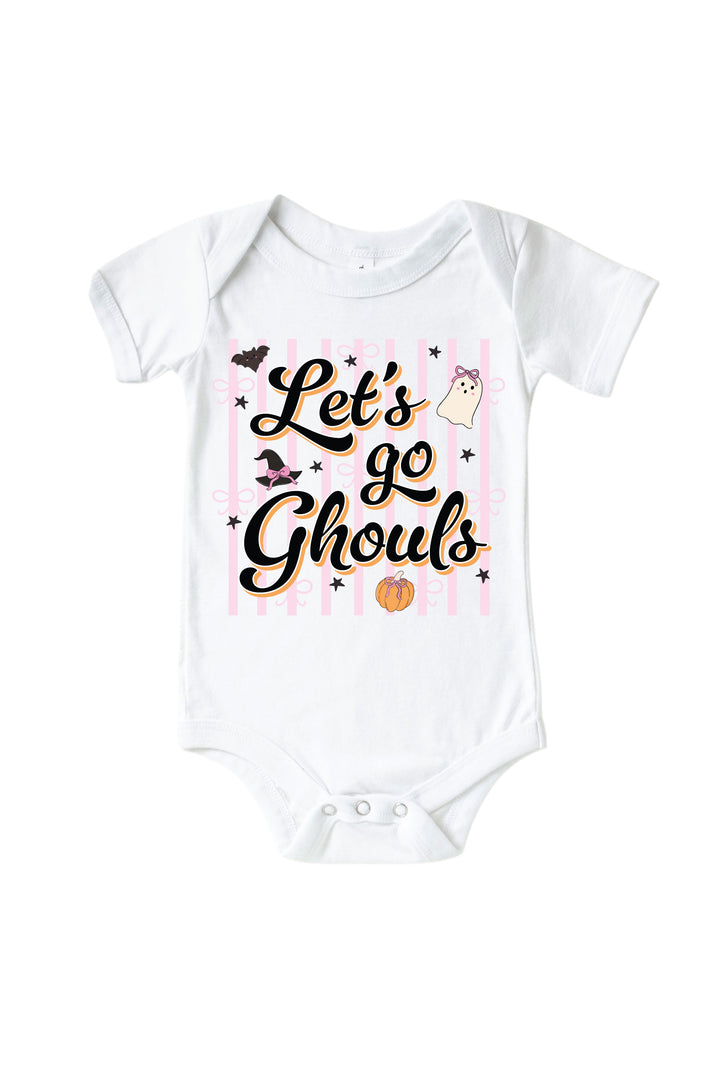 White baby bodysuit printed with 'Let's Go Ghouls' text and Halloween graphics of a pumpkin, bat, and ghost.