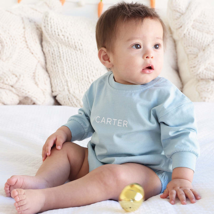 light blue personalized long sleeve bubble romper 