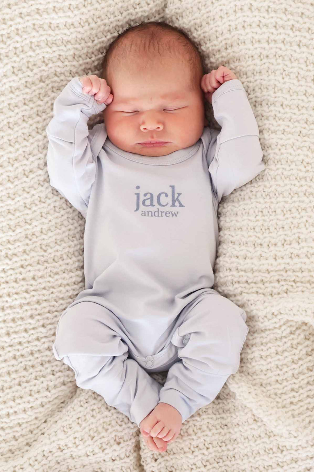 light blue personalized long sleeve romper for newborns