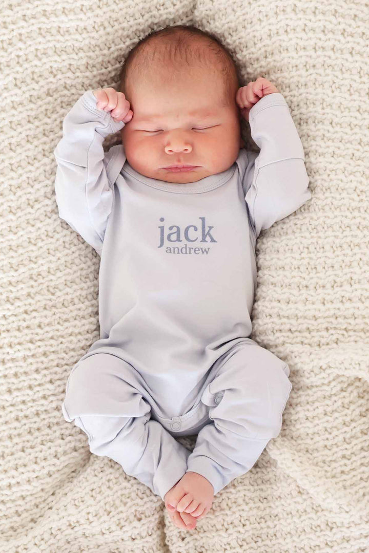 light blue personalized long sleeve romper for newborns