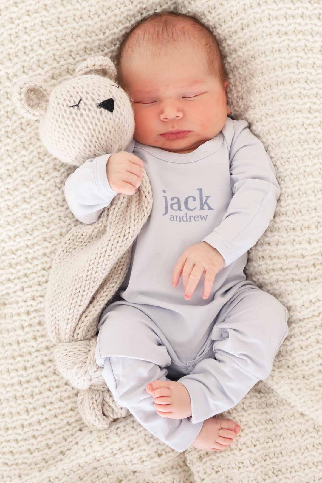 light blue personalized full length snap romper for newborns 