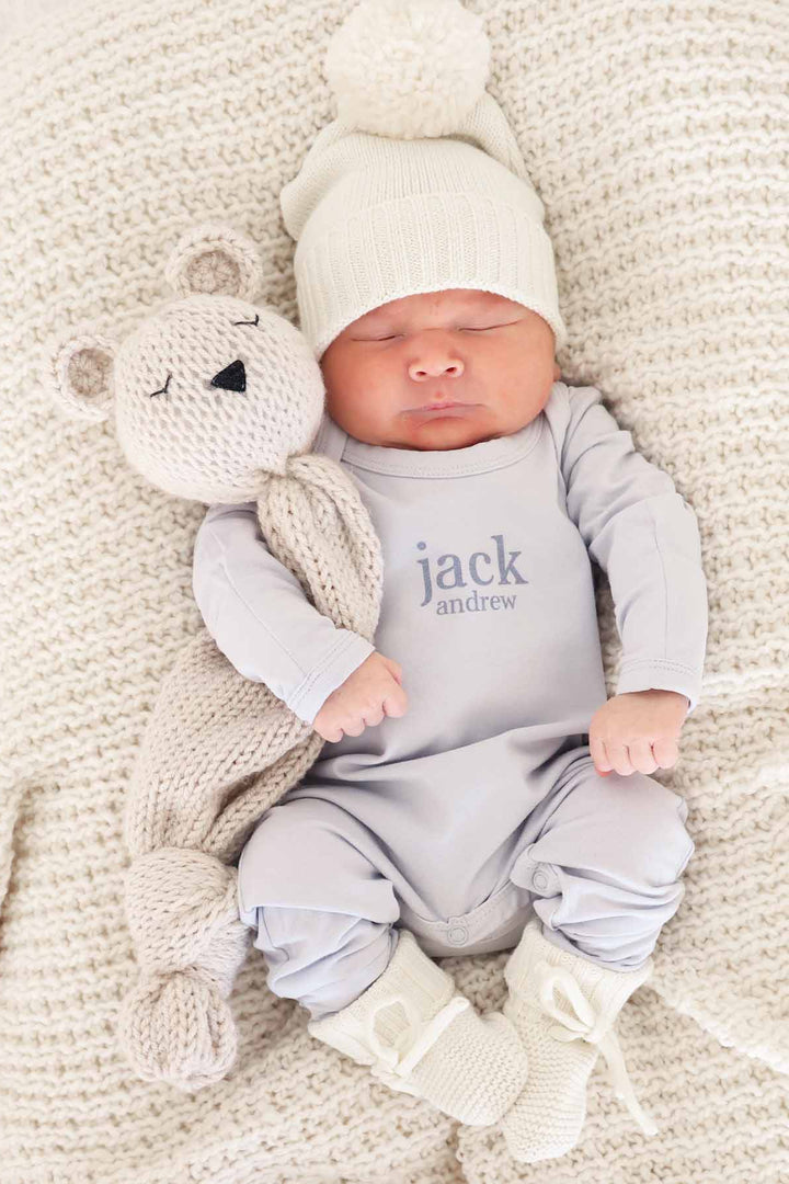 light blue personalized long sleeve snap romper for babies