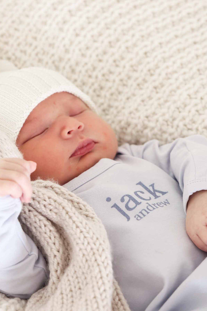 personalized long sleeve full length romper for babies light blue