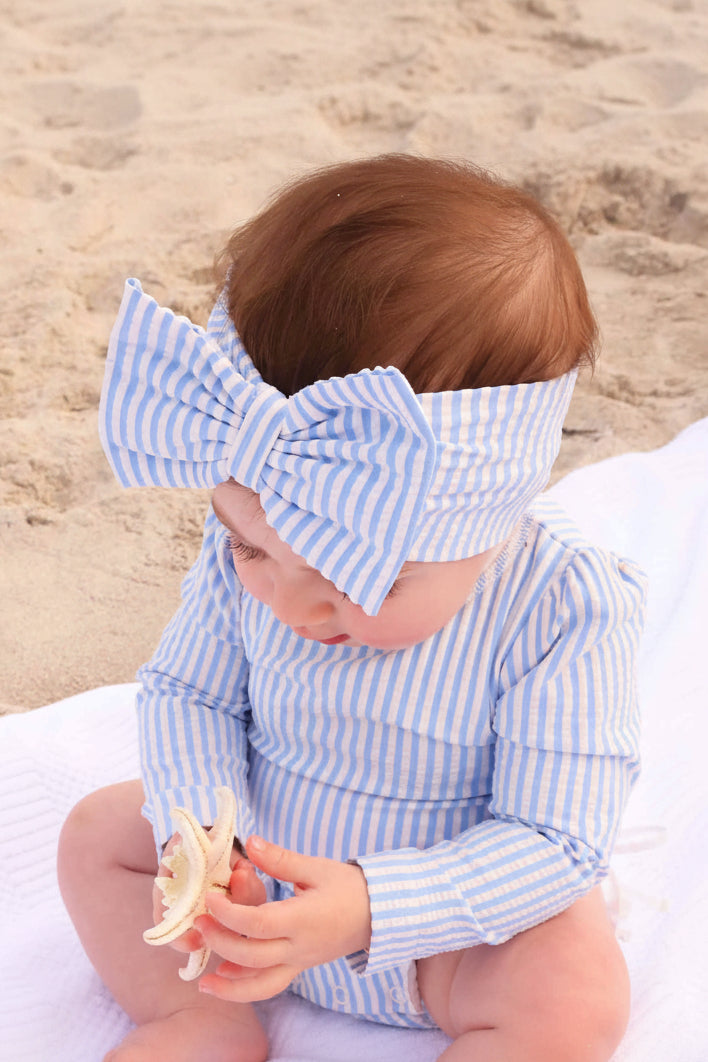 adorable seersucker blue swim bow headwrap for girls
