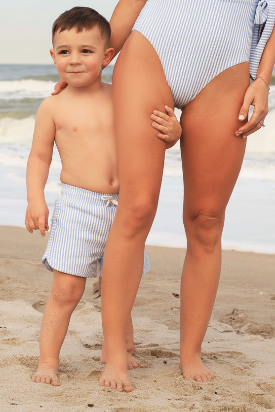 stylish seersucker blue swim trunks for boys family matching mommy and me