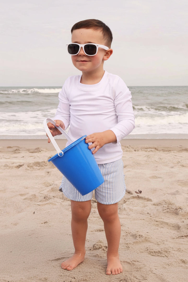 stylish seersucker blue swim trunks for boys