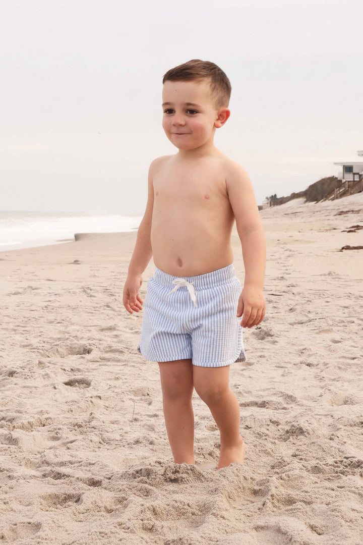 lightweight and comfy boys swim trunks in seersucker blue