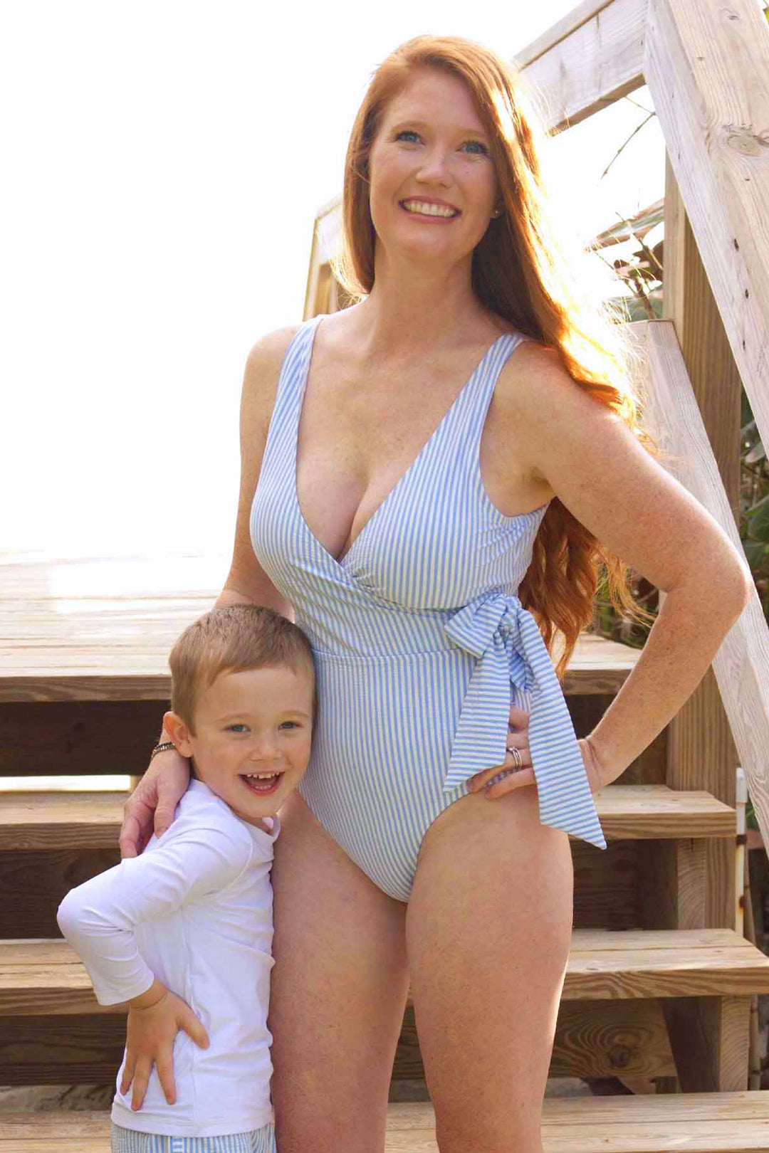 baby blue seersucker tie one-piece swimsuit for moms