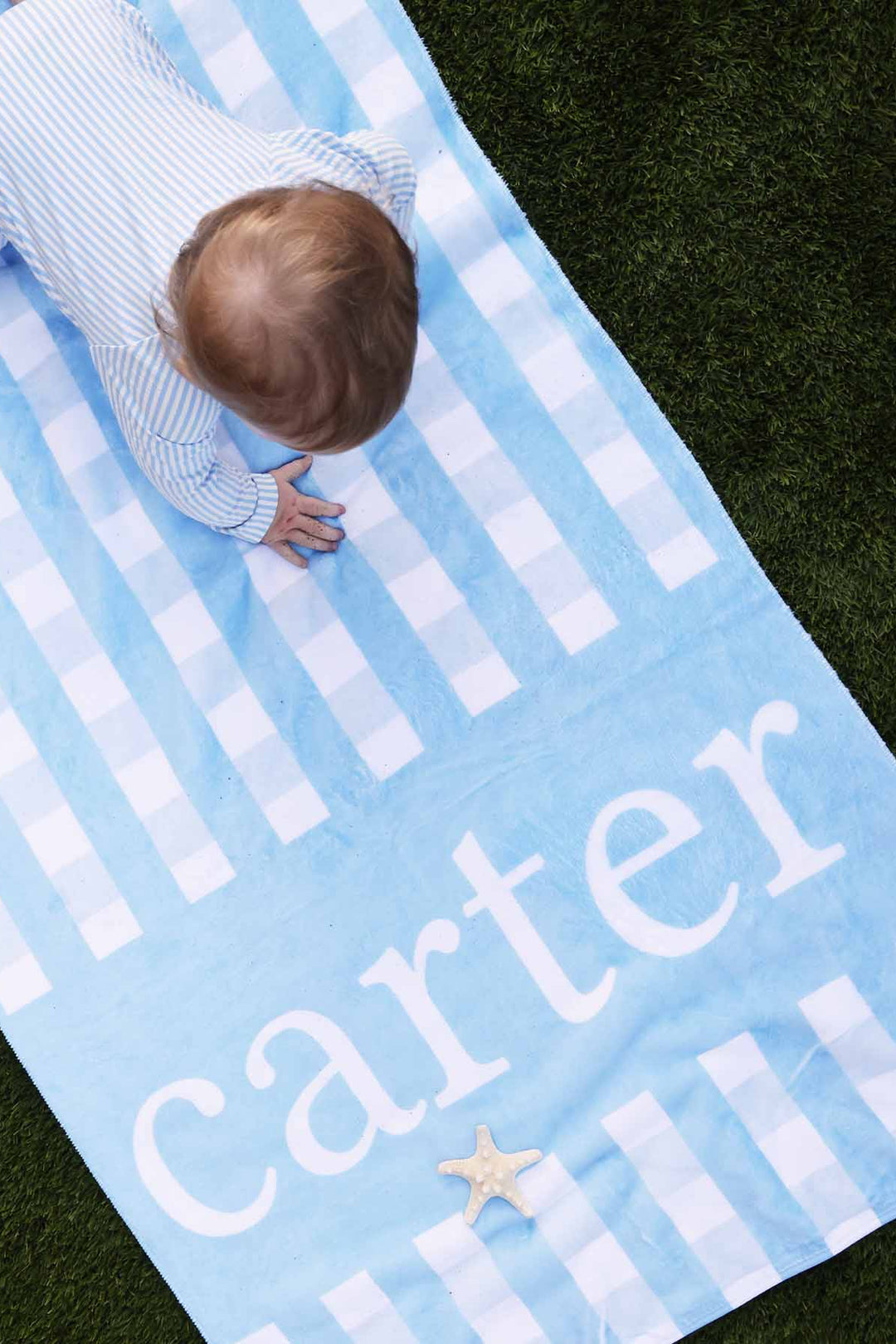 blue seersucker personalized kids beach towel with velour front and plush terry back