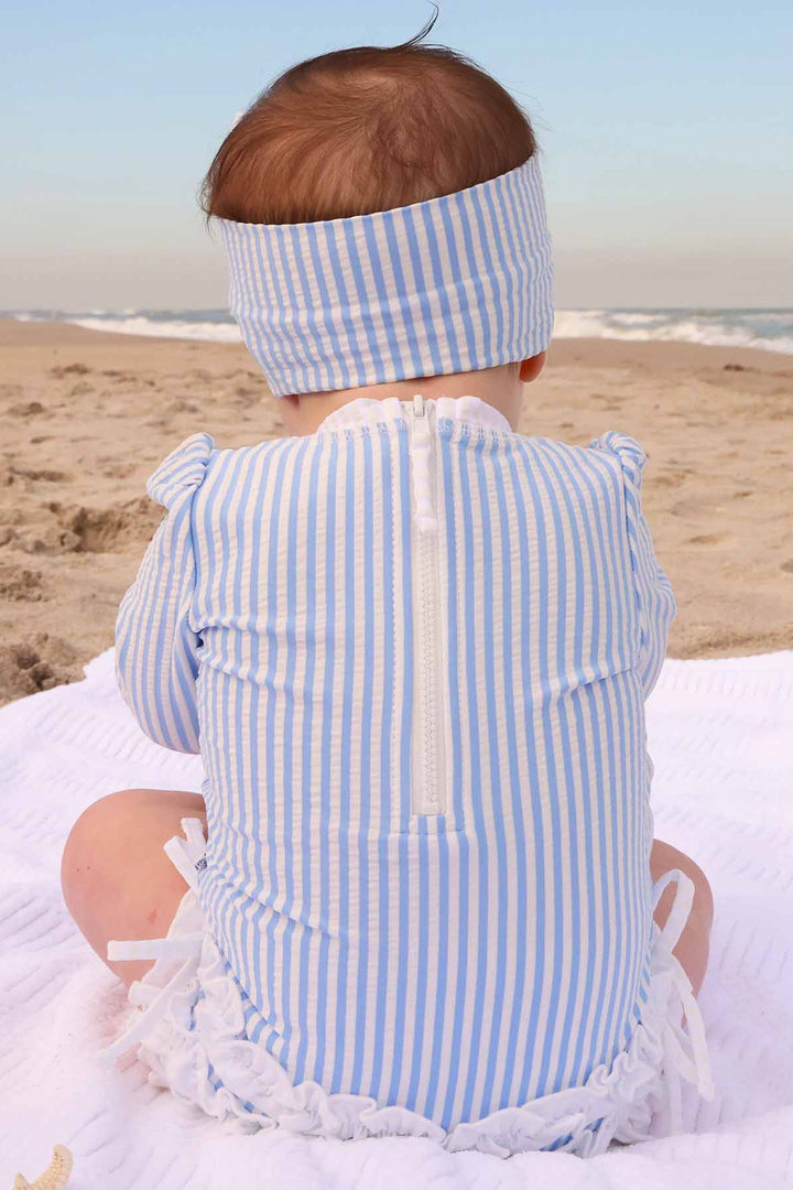 toddler seersucker blue rash guard with ruffle swimsuit bottom