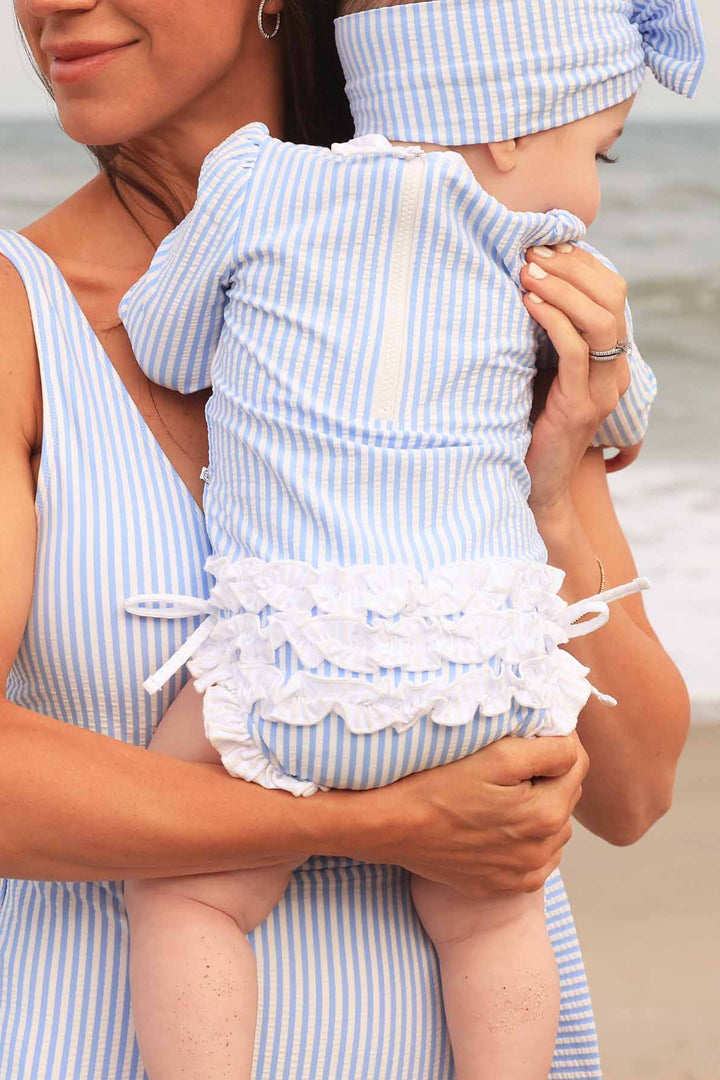 family matching seersucker swimsuits for moms and babies