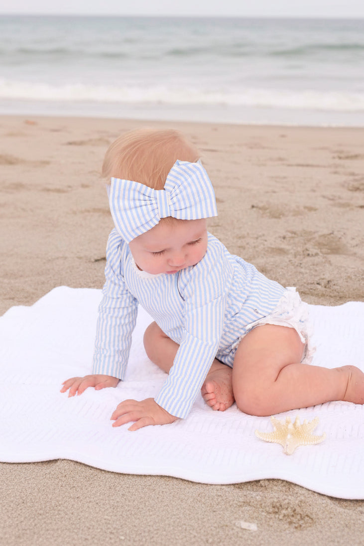 blue seersucker rash guard set with bow headwrap for baby girls