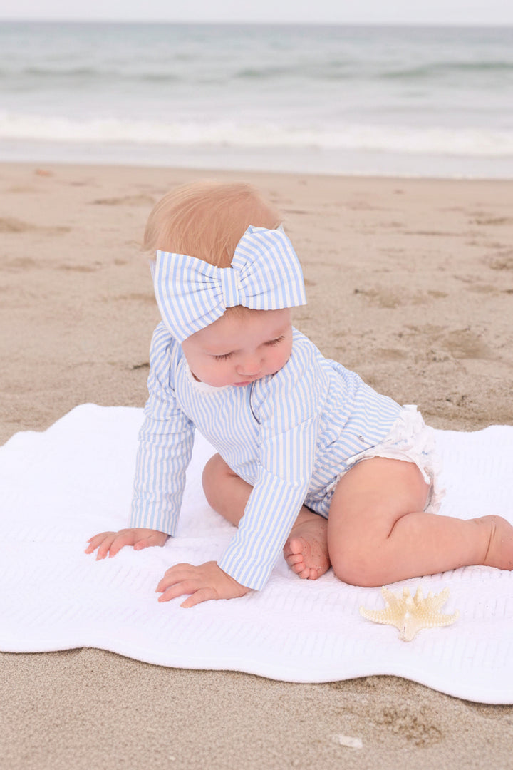 blue seersucker rash guard set with bow headwrap for baby girls