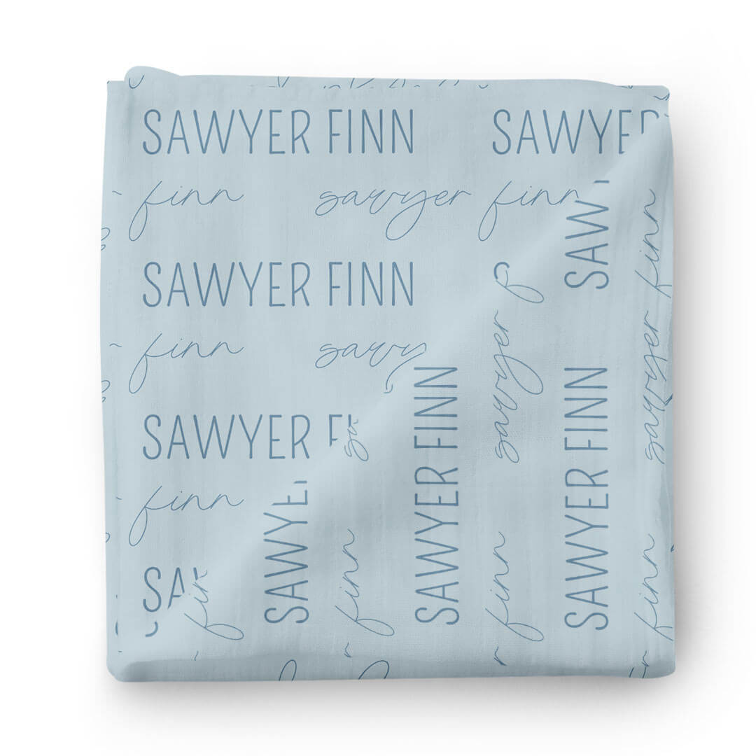 blue on blue newborn name swaddle blanket 