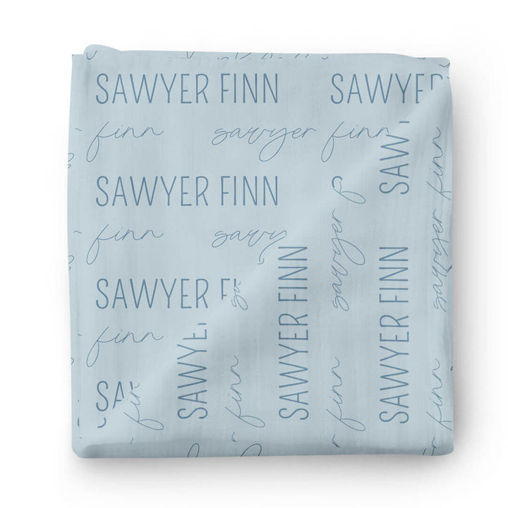 blue on blue newborn name swaddle blanket 