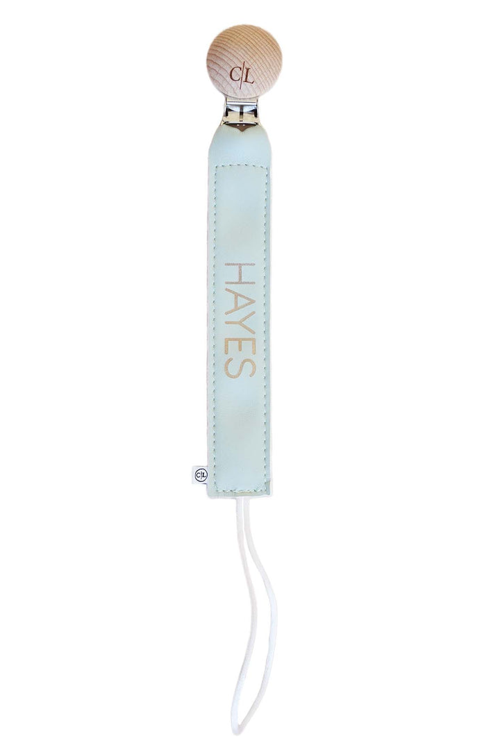 light green leather pacifier clip personalized 
