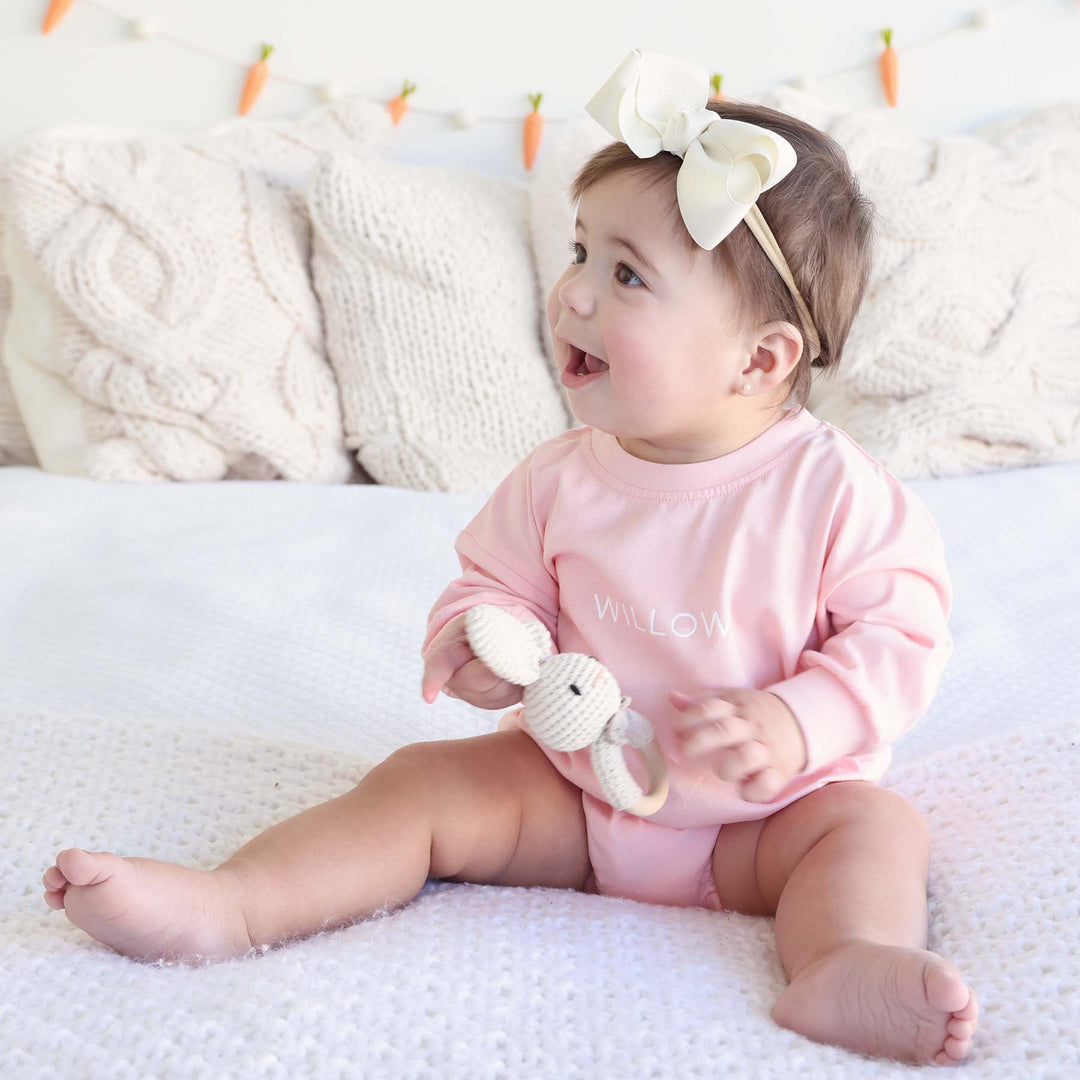 light pink personalized long sleeve bubble romper 