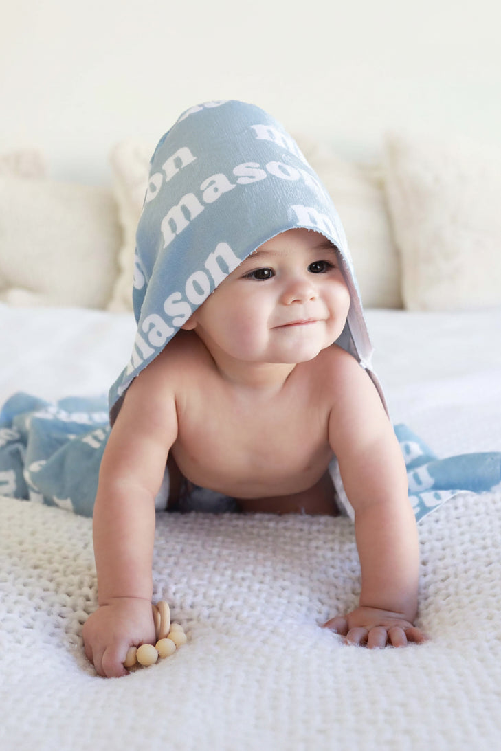 light blue baby name towel with hood personalized 
