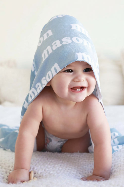 light blue hooded towel for babies personalized 