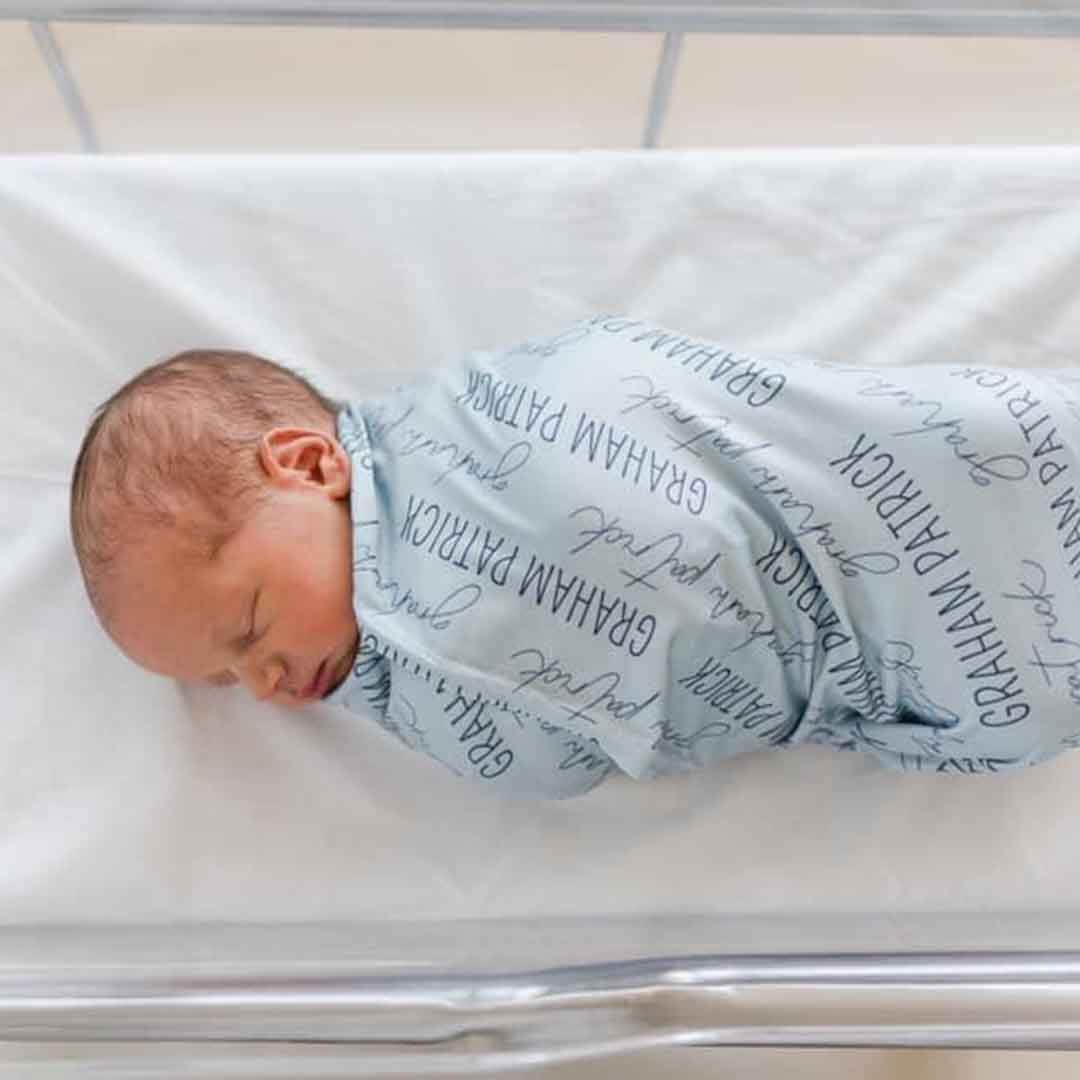 light blue personalized baby name swaddle blanket 