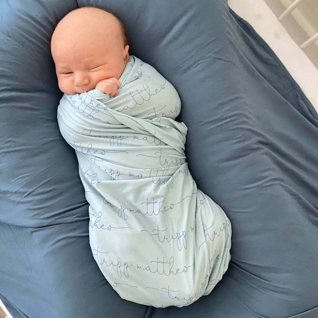 script swaddle blanket light dusty blue