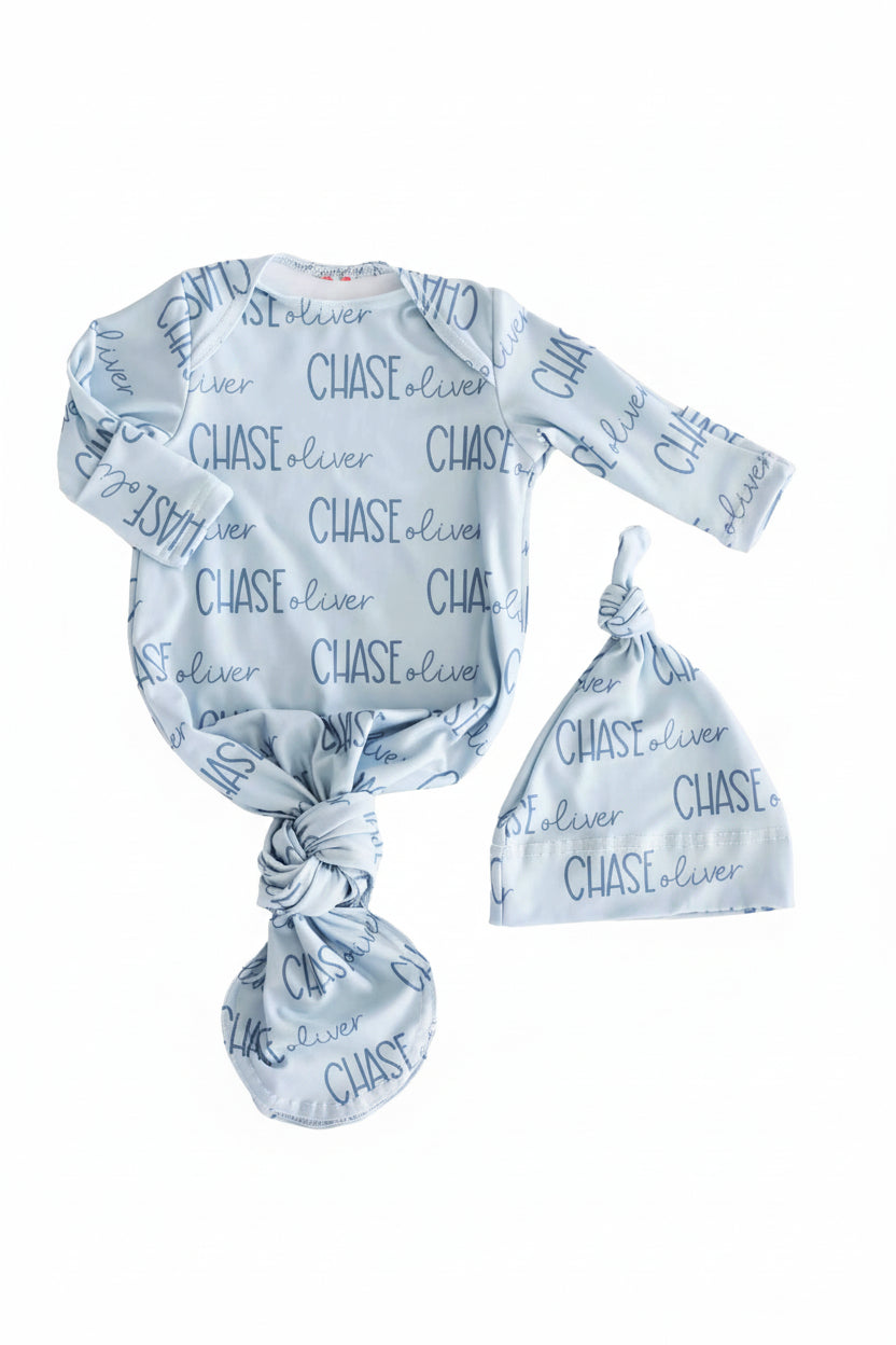 light dusty blue personalized knot gown for babies
