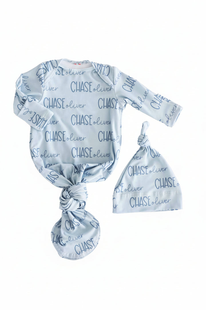 light dusty blue personalized knot gown for babies