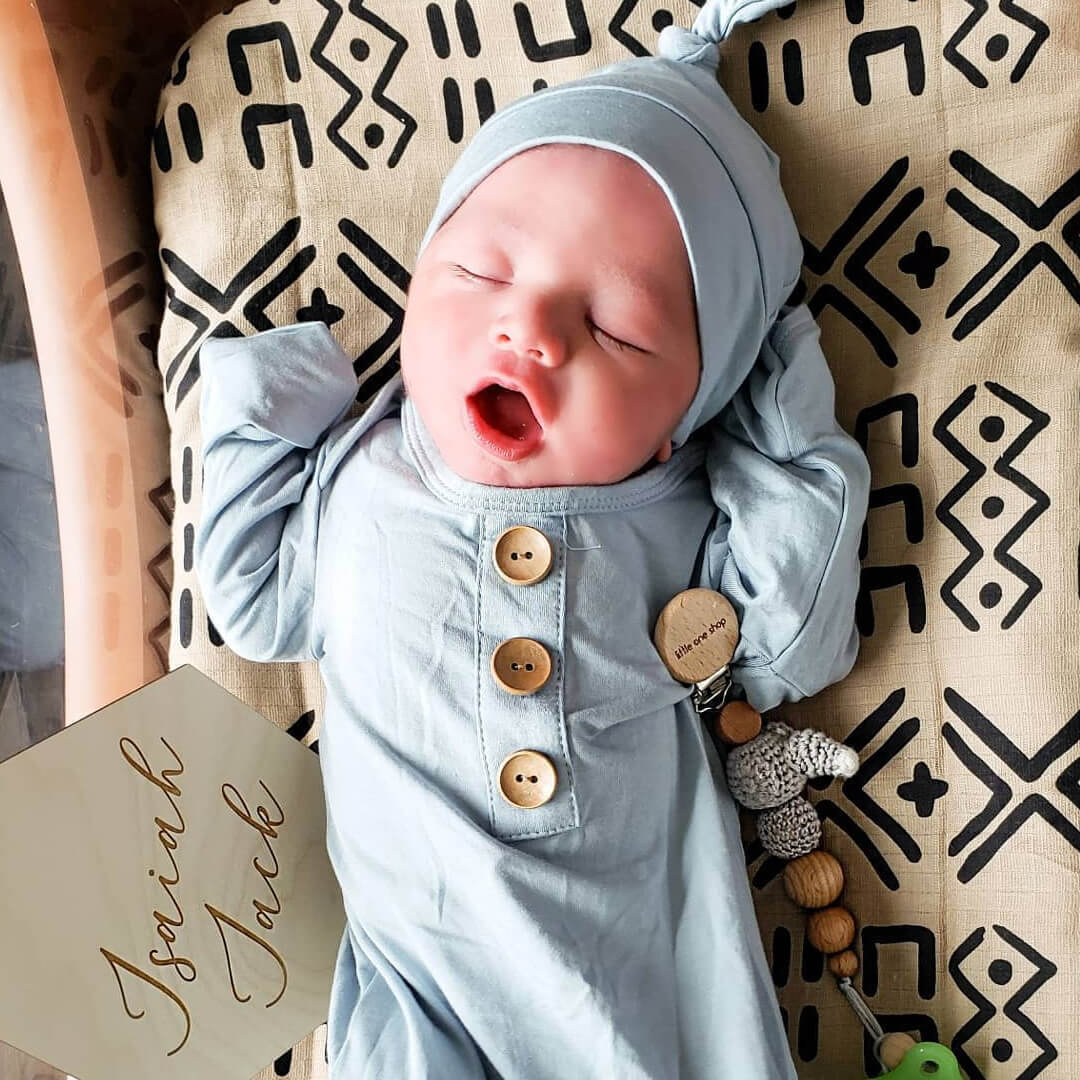 light dusty blue bamboo knot gown and hat set