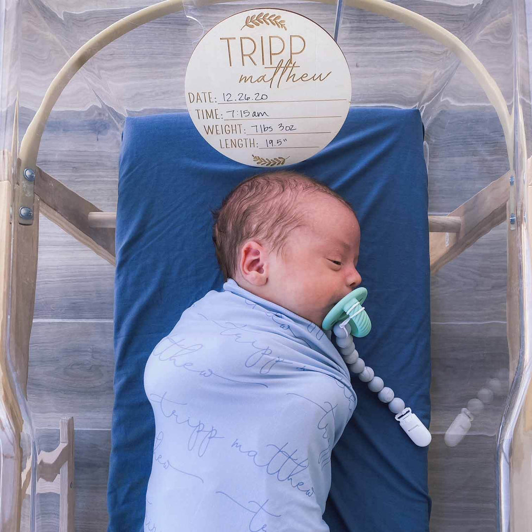 personalized baby name swaddle blanket light dusty blue