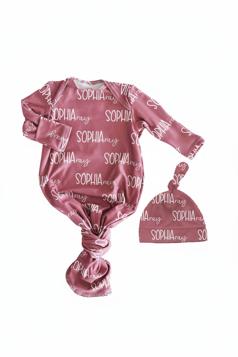 light dusty rose personalized knot gown and hat set