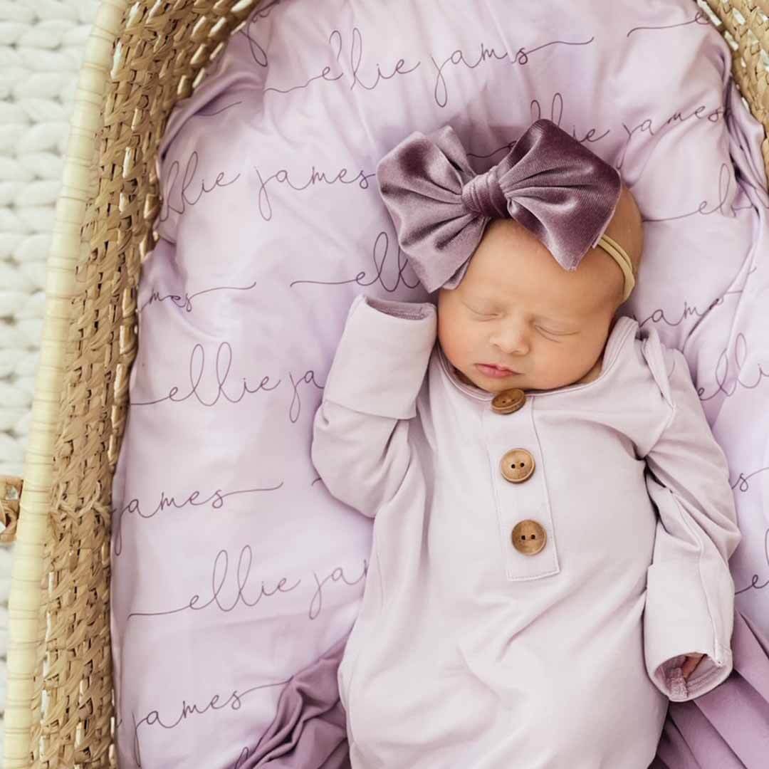 light lavender baby name swaddle blanket script 
