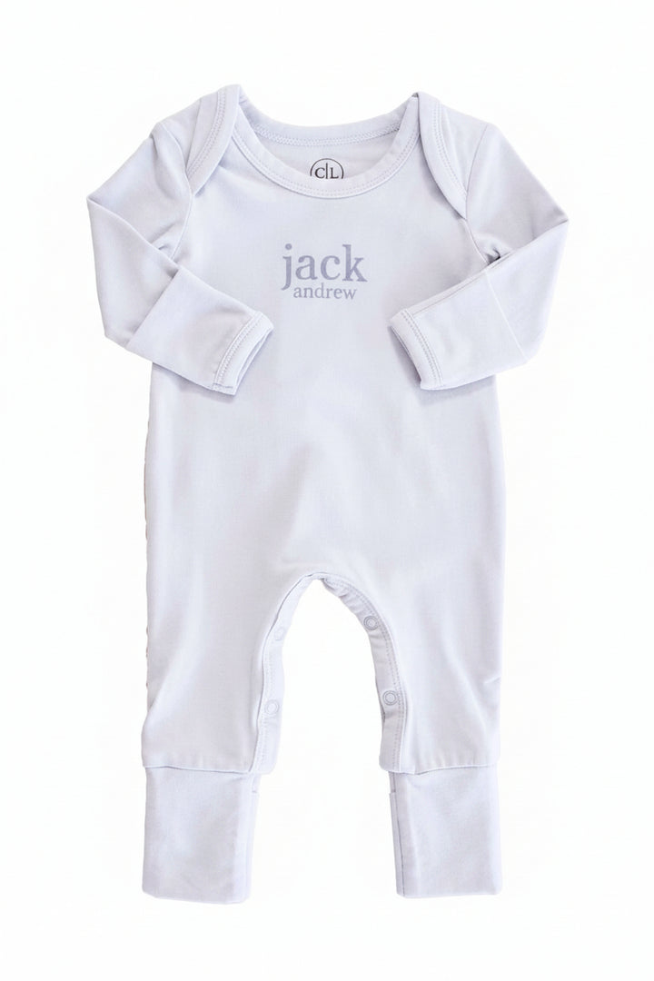 Personalized Full Length Snap Romper | Light Blue