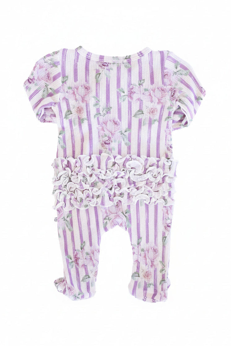 ruffle bottom zipper footie for baby girls with purple stripes and roses 