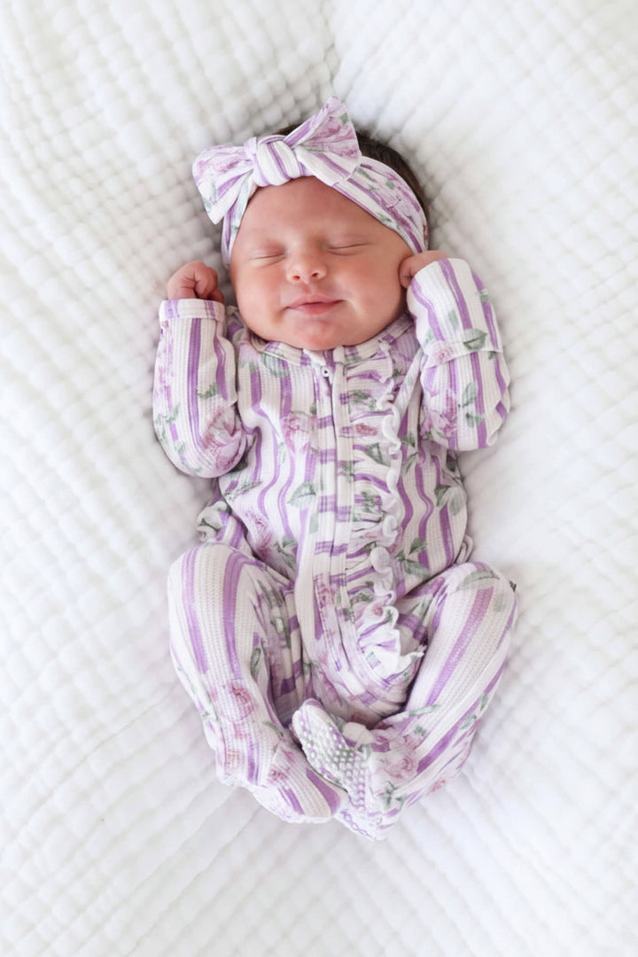 purple stripe and rose bamboo waffle ruffle zipper footie for baby girls with matching headwrap