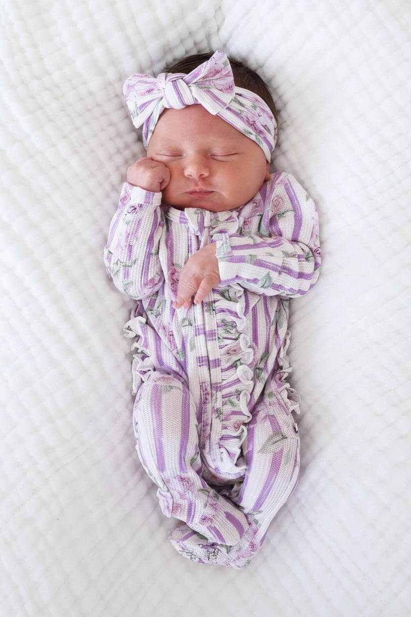 Lila's Lilacs Bamboo Waffle Ruffle Zipper Footie