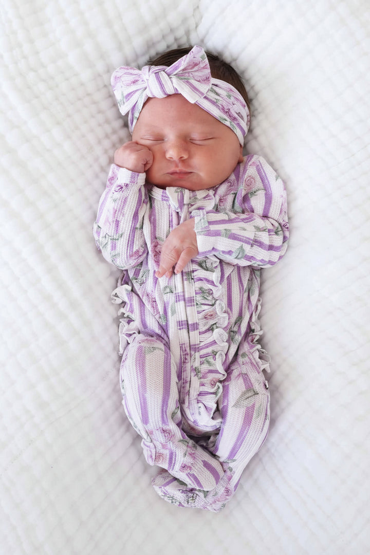 lila's lilacs bamboo waffle ruffle zipper footie for baby girls with flip mitts 