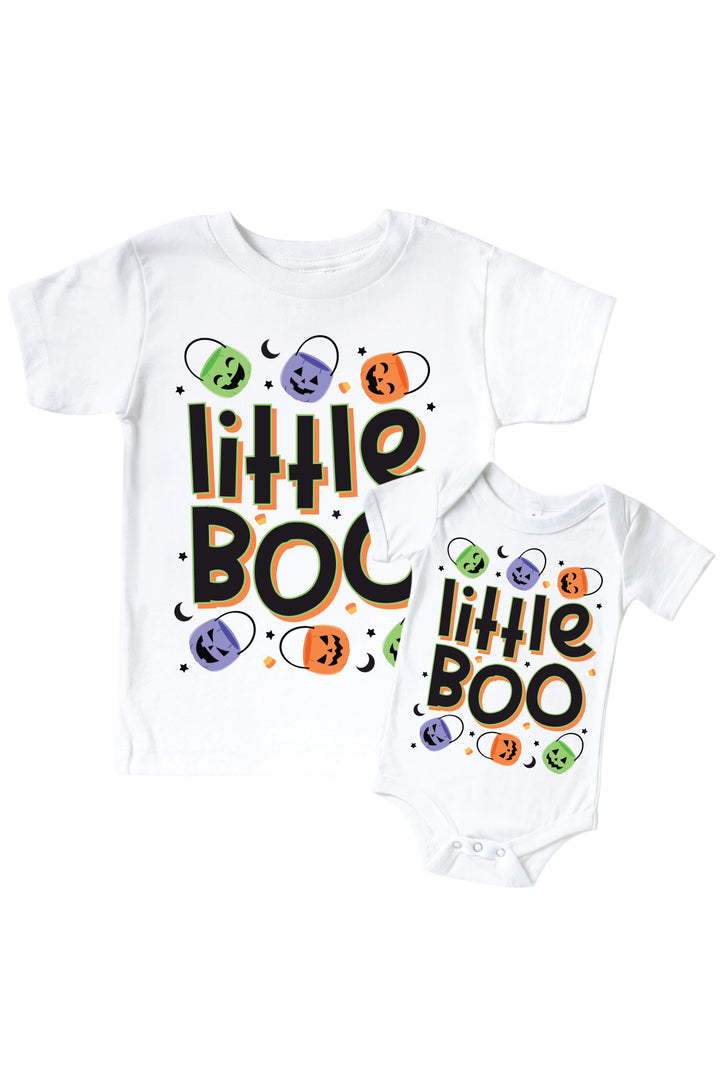 White kids' t-shirt and matching bodysuit with bold black 'Little BOO' lettering surrounded by colorful jack-o-lantern faces and crescent moons