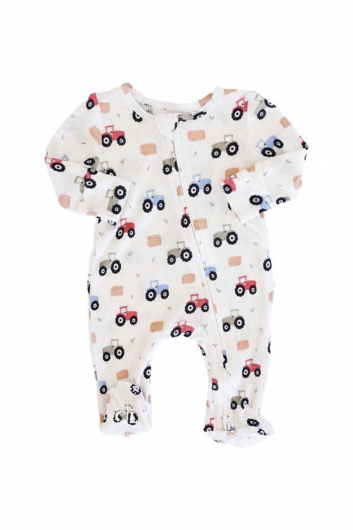 baby boy bamboo waffle zipper footie with tiny tractors 