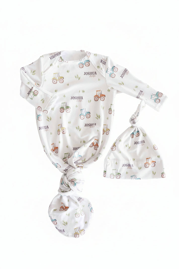 little farmer personalized newborn knot gown and hat set 