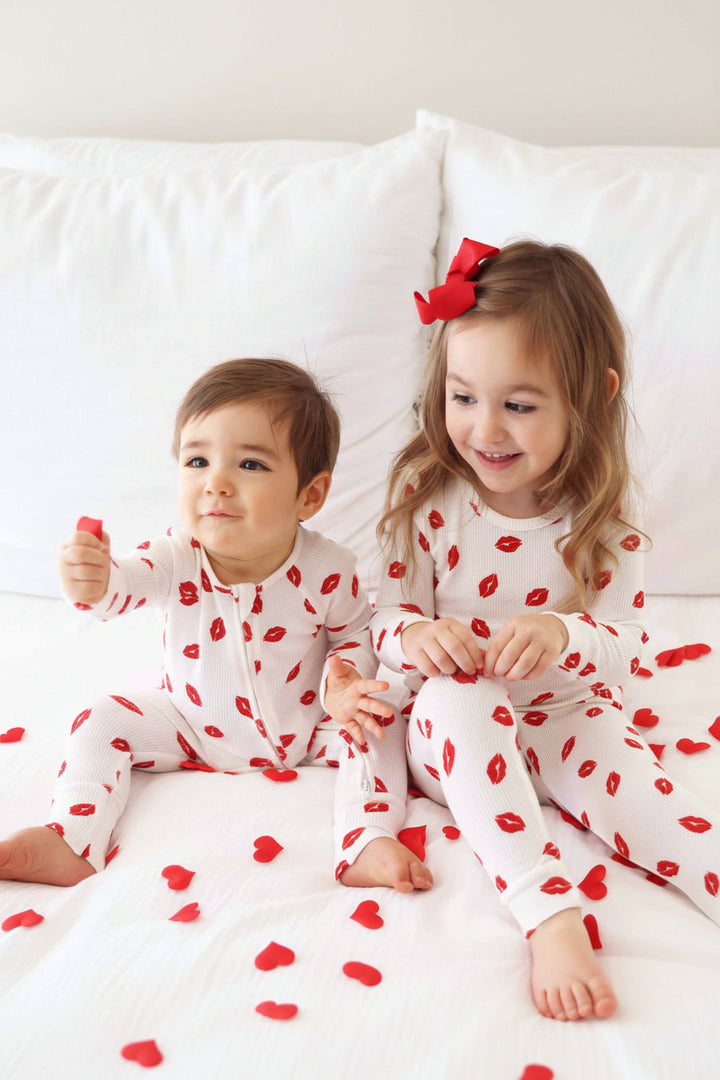 red lip bamboo waffle pajamas sibling matching