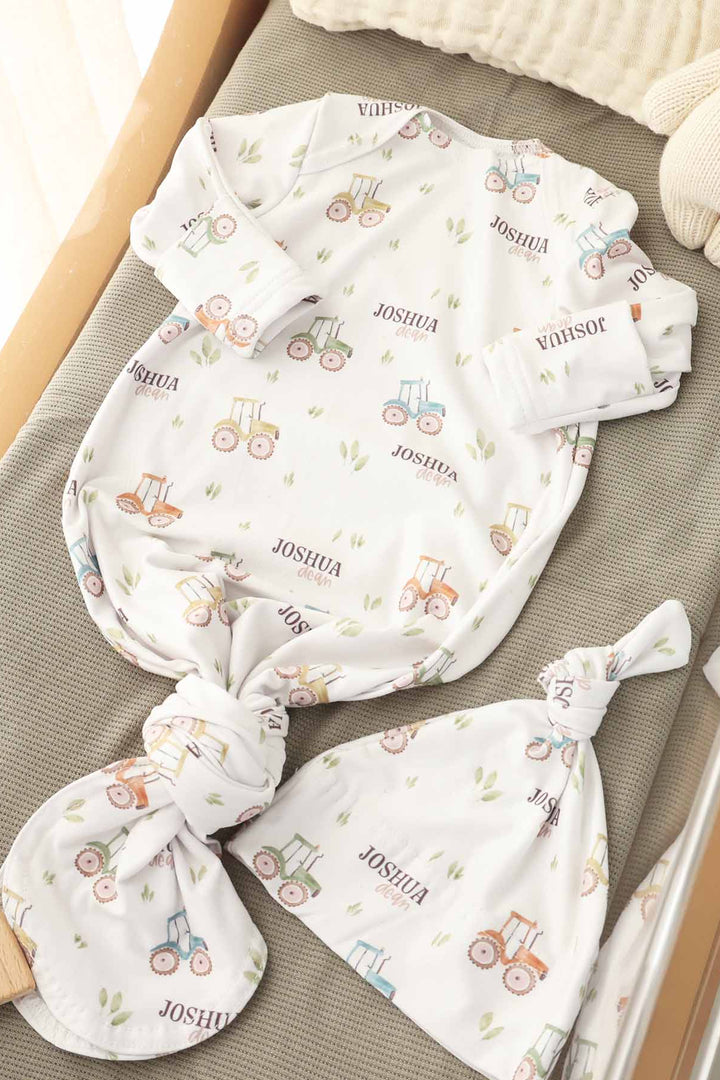 little farmer personalized knot gown for baby boys