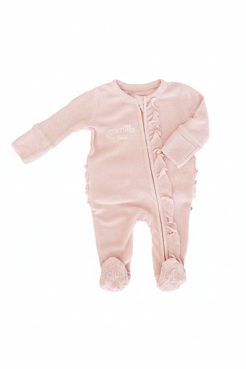 light pink embroidered ruffle zipper footie for girls 