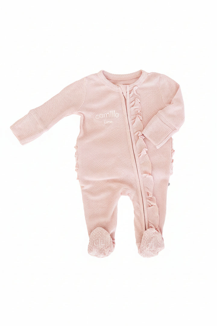 light pink embroidered ruffle zipper footie for girls 