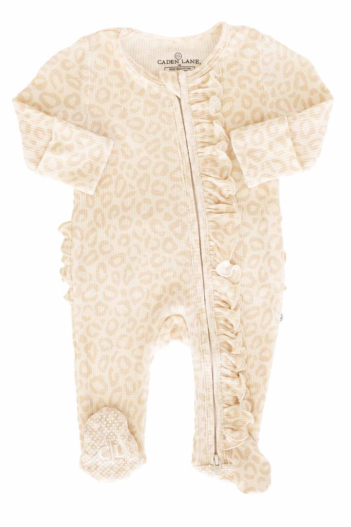neutral leopard ruffle zipper footie for babies 