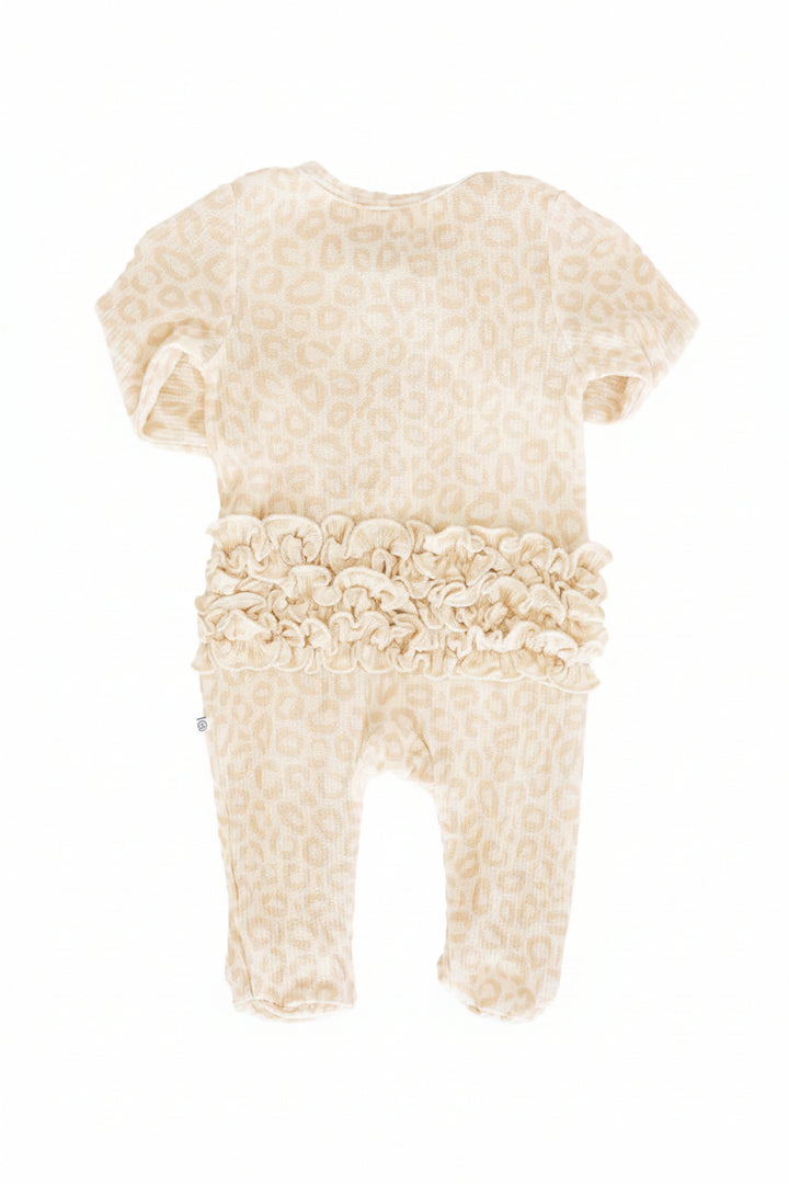 lovely leopard ruffle bottom zipper footie for babies 