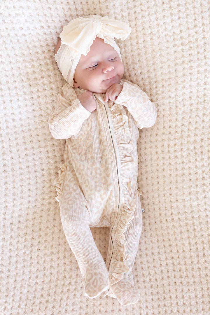 baby girl ruffle zipper footie for girls neutral leopard print 